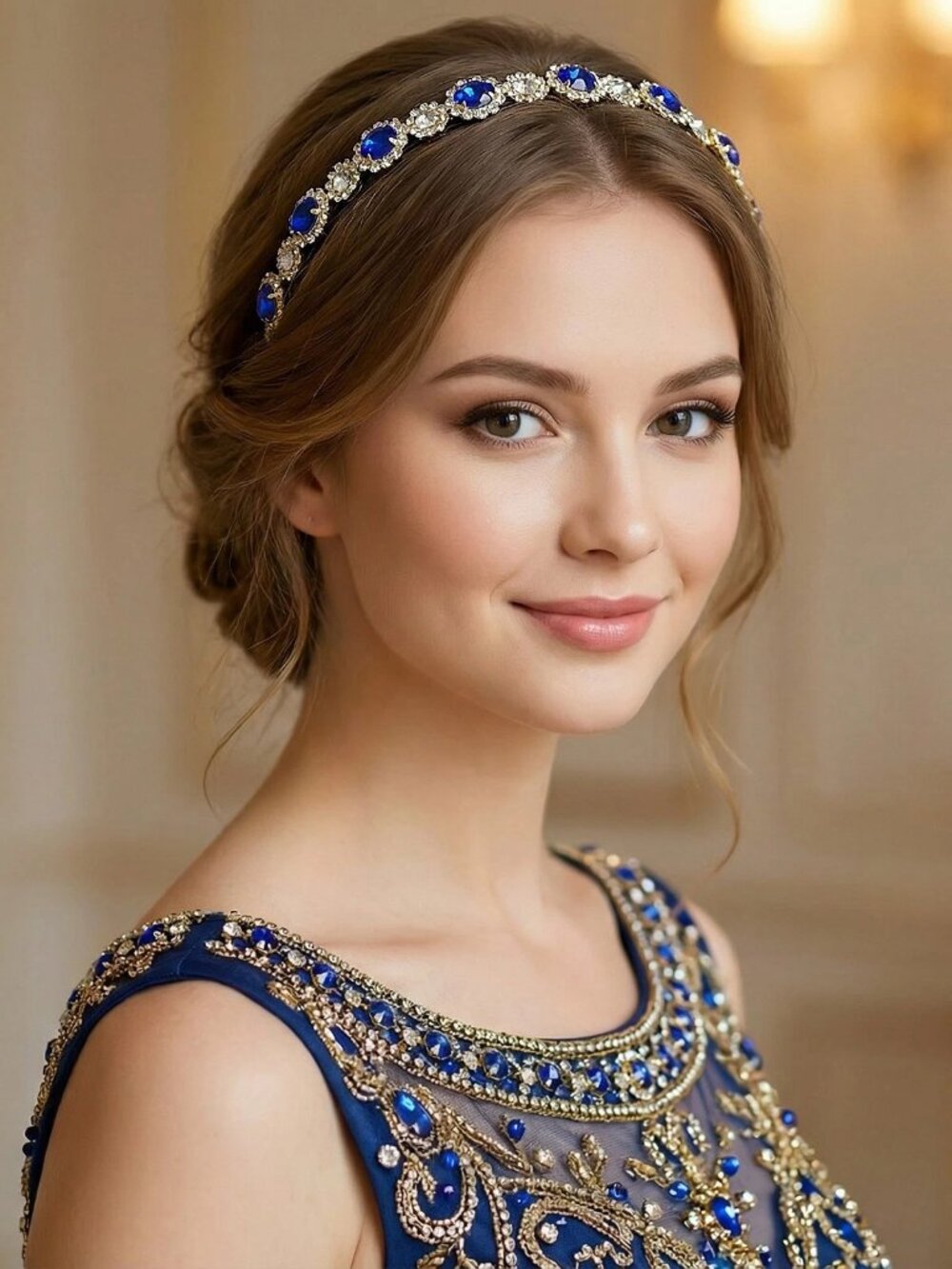 Royal Blue Crystal Halo Headband for Women, Gold-Tone Rhinestone Jeweled Hair - Picture 2 of 4